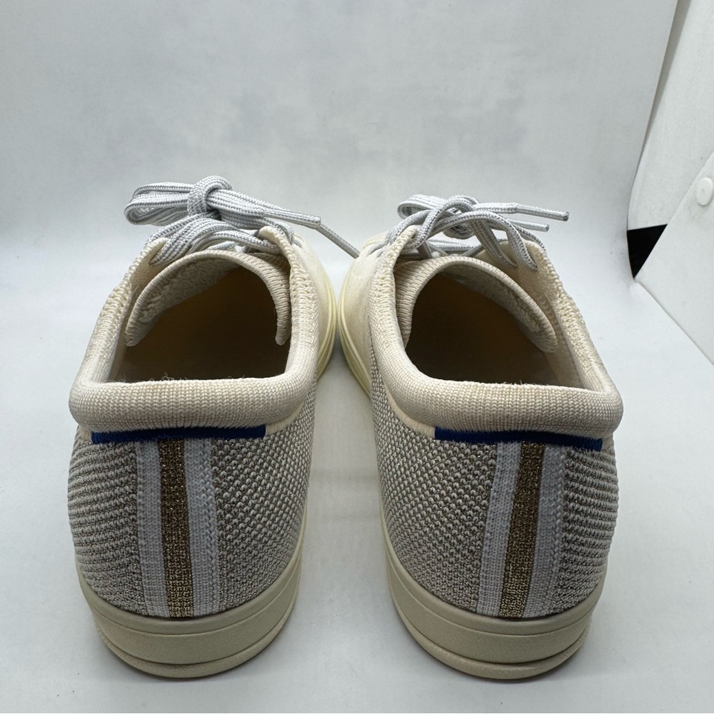 Rothy's  The Lace Up Sneakers in Diamond Twill Shoes Cream Silver Size 9 NEW - Picture 7 of 11
